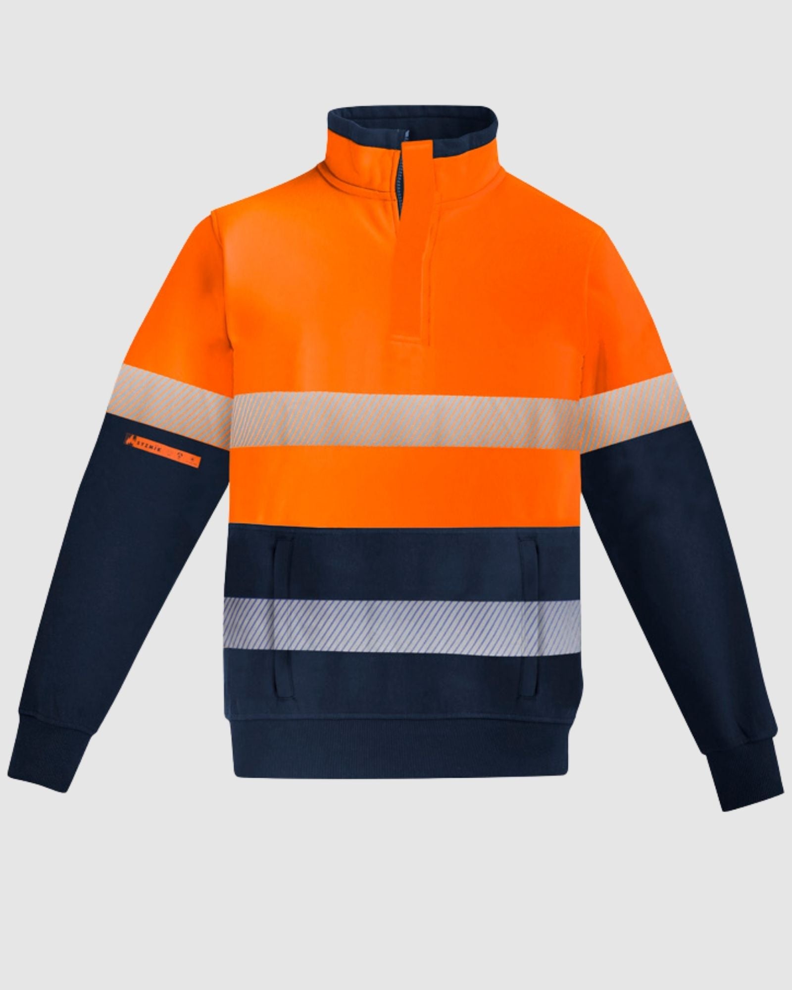 Syzmik Mens Orange Flame Hi Vis 1/4 Zip Brushed Fleece Pullover Hoop Taped ZT150 