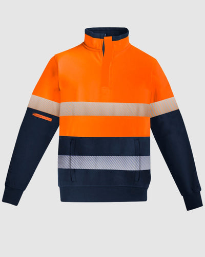 Syzmik Mens Orange Flame Hi Vis 1/4 Zip Brushed Fleece Pullover Hoop Taped ZT150 